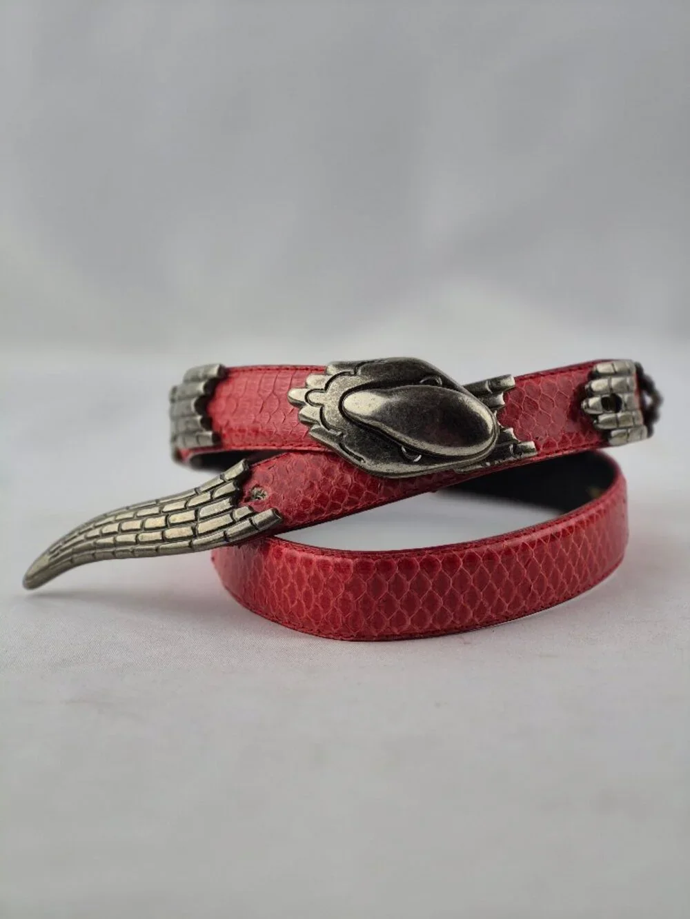 Vintage Morgan Taylor Red Snakeskin Belt Silver-Tone Metal Snake Head & Tail Med